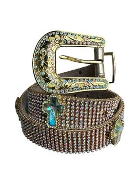 Nocona Western Rhinestone & Cross Embellished Gold Leather Belt Size Large Bling